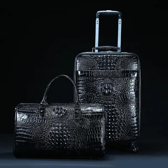 Valise de voyage en cuir véritable à motif crocodile pour homme, valise à roulettes, étui d'embarque