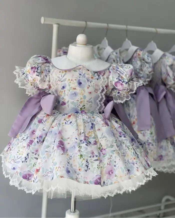 Robe d'été pour bébé fille, broderie de fleurs violettes, robe de princesse Lolita turque Vintage po