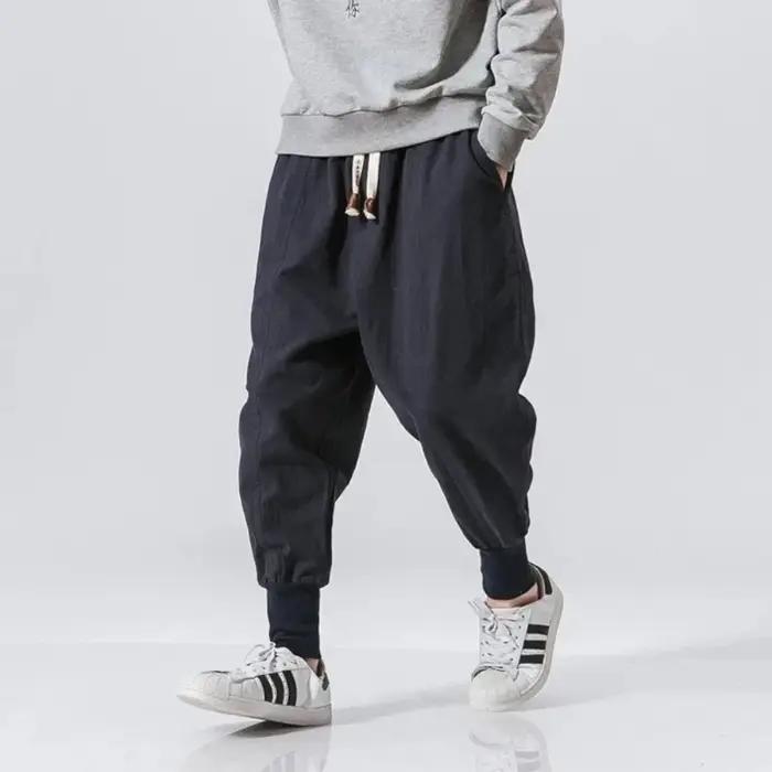 Hommes sarouel Streetwear coton lin Joggers nouveau Baggy Hip Hop mode pantalon décontracté solide p