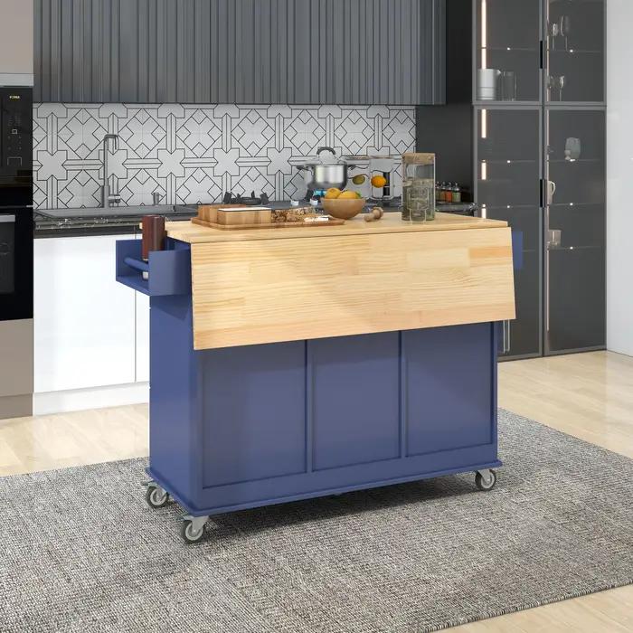 Îlot de cuisine mobile roulant avec plateau en bois massif et roues de verrouillage, armoire de rang