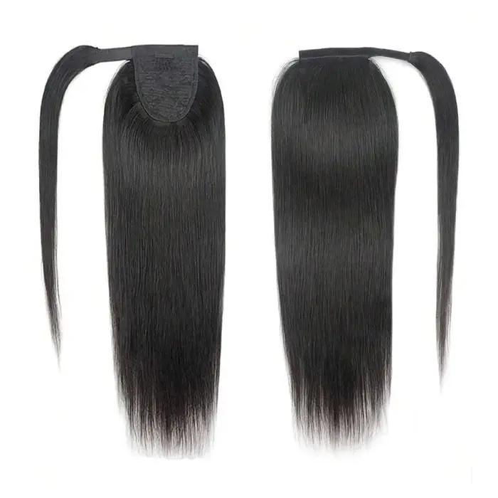 Extensions de cheveux humains queue de cheval à enrouler droite postiche de couleur naturelle pince