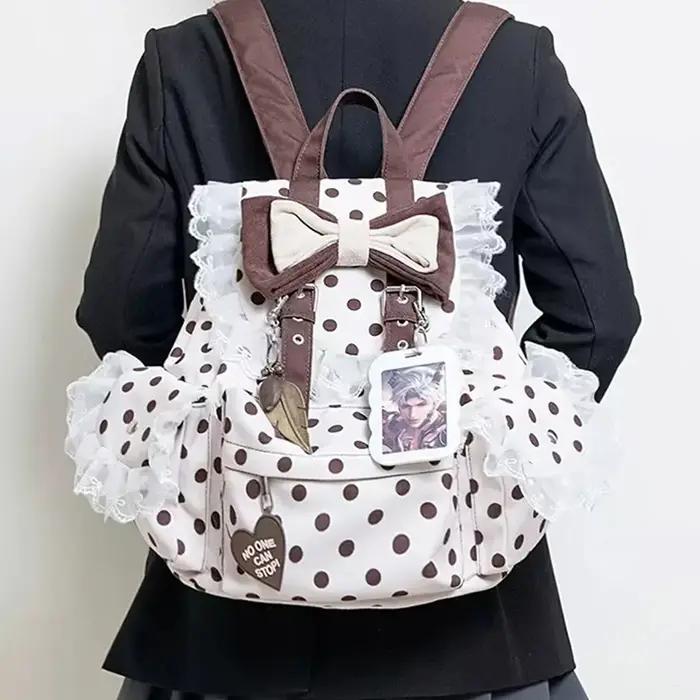 Sac à dos Preppy à pois avec nœud décoratif en dentelle, plusieurs poches, grande capacité, sac simp