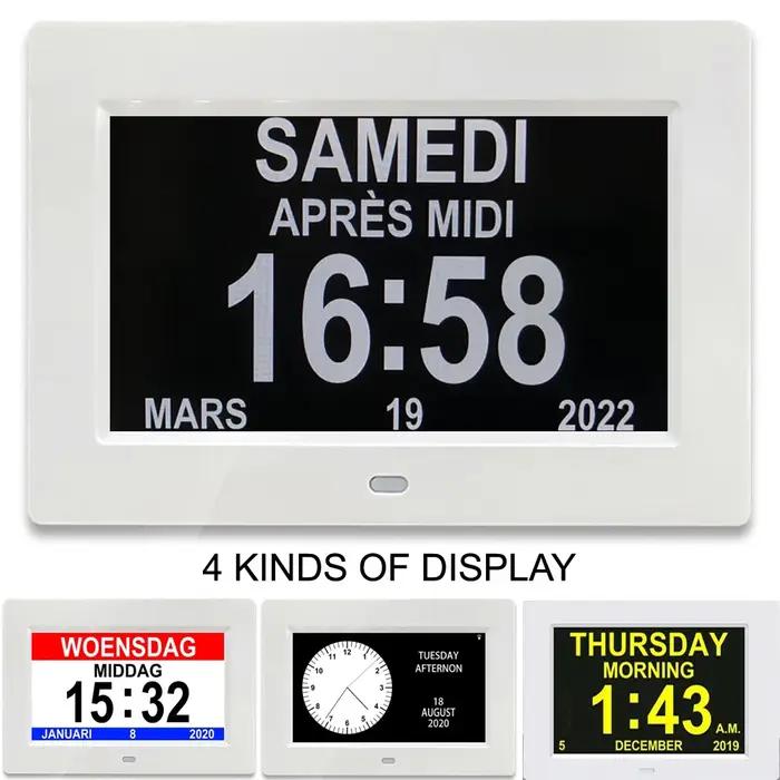 Horloge de calendrier LED avec 12 groupes d'horloges d'alarme réglables. Idéal pour les personnes âgées