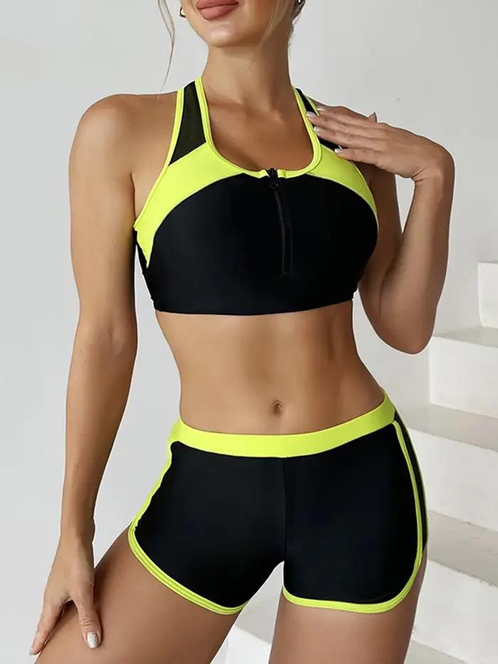 Bikini deux pièces zippé 2026 avec short pour femme - Tenue de plage sportive estivale
