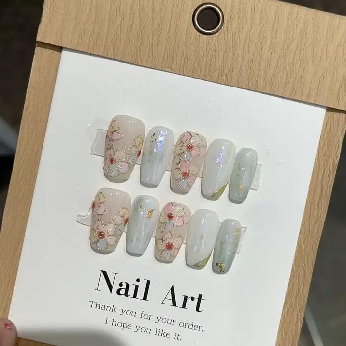 10 pièces bleu à la main presse sur ongles ensemble Ballet portable artificiel faux ongles décoratio