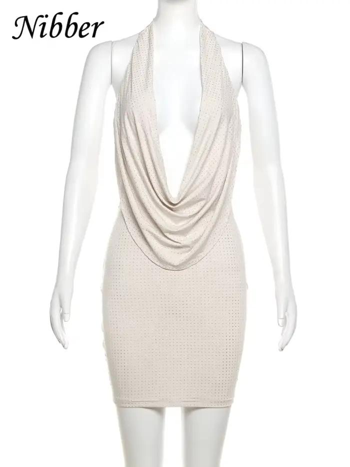 Nibber diamant collé couleur unie Mini robe femmes mode col en v profond robes sans bretelles femme