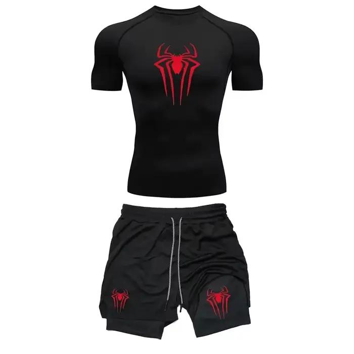 Ensemble de Compression d'entraînement pour hommes, t-shirt de gymnastique imprimé araignée Y2K, sho