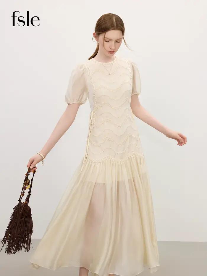 FSLE 2025 été femmes maille broderie robe évider épissage bulle manches taille cravate Y2K à la mode