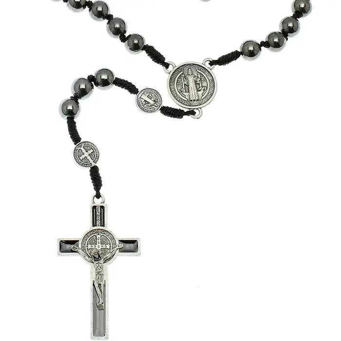 Chapelet catholique, ornement de voiture, perle d'hématite noire, médaille de Saint benoît, croix de