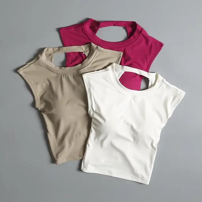 Costume de Yoga haut de sport pour femmes avec coussin de poitrine, T-shirt Sexy à manches courtes,