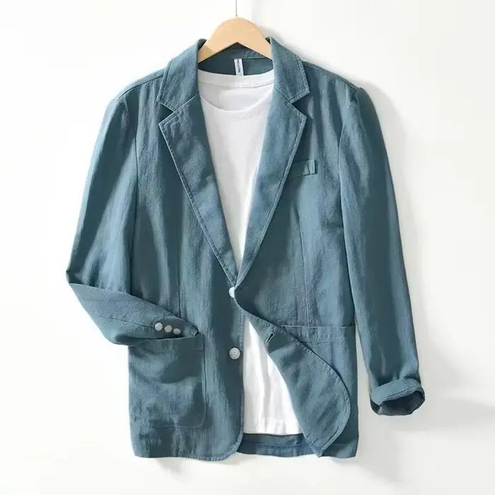 Blazer respirant pour hommes, 70% lin, 30% coton, veste de costume pour hommes, manteau noir pour l'