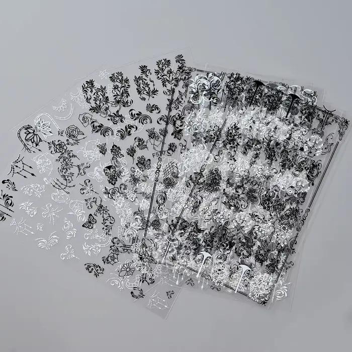 Autocollants 3D fleurs en dentelle noire et blanche pour Nail Art, étiquette auto-adhésive à ligne g