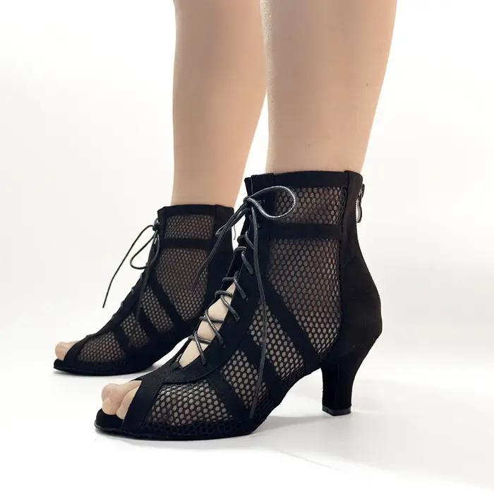 Bottines de danse à fermeture éclair pour femmes, chaussures de danse en cuir suédé noir pour Salsa