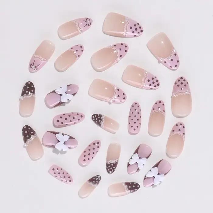 24 faux ongles en gel press-on rose bonbon, pois marrons, nœud papillon blanc 3D, faux ongles pour f