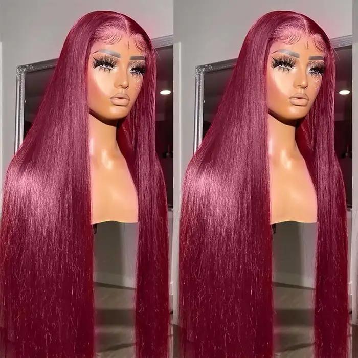 13x6 HD Transparent couleur dentelle avant perruques de cheveux humains 99J couleur bordeaux perruqu