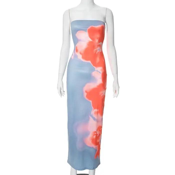 Robe Maxi Tube imprimée sans bretelles, Sexy, épaules dénudées, dos nu, extensible, longue, vêtement
