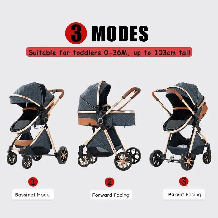 Poussette bébé 3 en 1 portable, landau et poussette de ville avec tissu respirant et mode de couchag