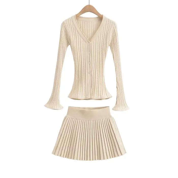 Cardigan en tricot torsadé à col en V pour femmes, taille élastique, mini jupe plissée, olympiques a