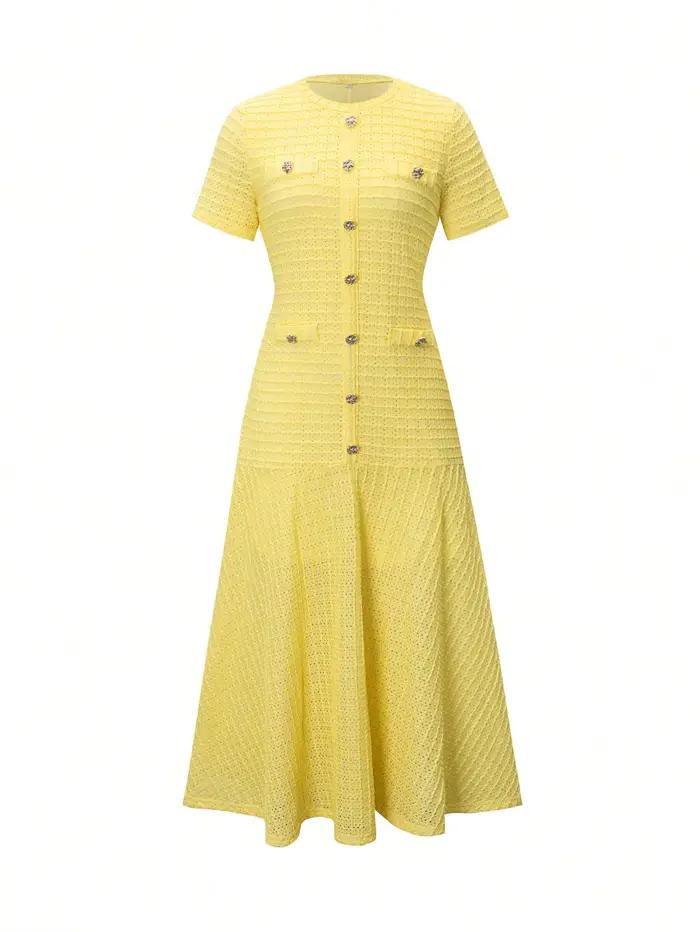 Robe midi en tricot texturé jaune avec boutons sur le devant et fausses poches
