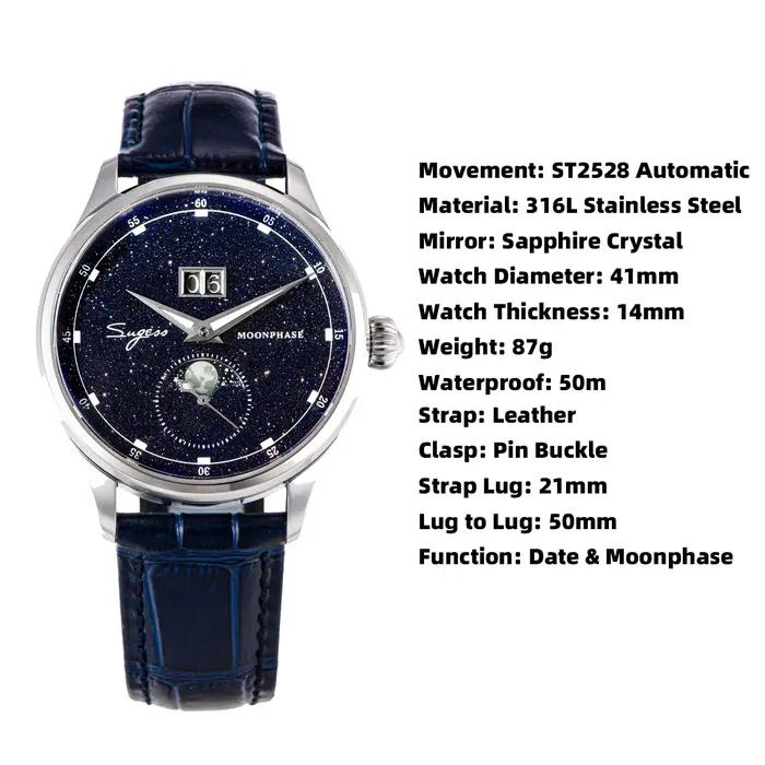 Sugess montre pour hommes édition limitée phase de lune boîtier en acier inoxydable 316L Tianjin ST2