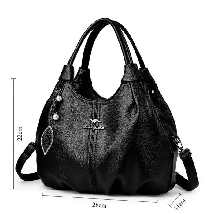 Sac à main hobo en cuir de litchi souple, sac à bandoulière 3 couches avec pendentif feuille de perl