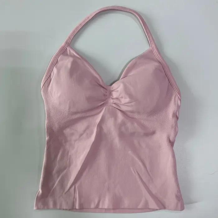 Débardeur de yoga pour femmes sans couture - Bretelles fines, dos nu, soutien-gorge intégré et froncé