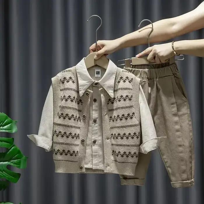 Ensemble chemise et pantalon en fibre trempé pour bébé garçon pull avec glaçage tenue pour enfant printemps automne 2024 occasions spéciales sorties en famille visite chez les grands-parents