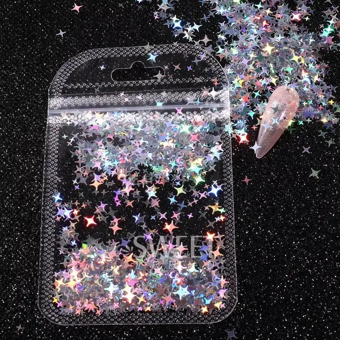 Paillettes holographiques pour ongles, étoile à quatre branches, Design Laser scintillant, breloque