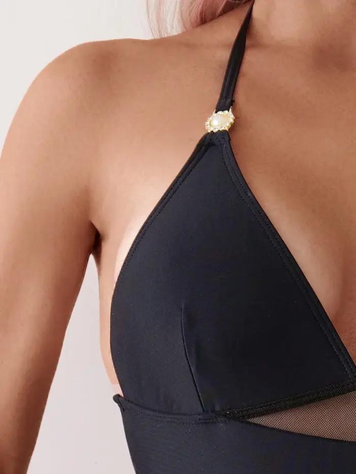 Maillot de bain une pièce noir, col licou, en maille, Sexy, Monokini, col en V, vêtements de plage,