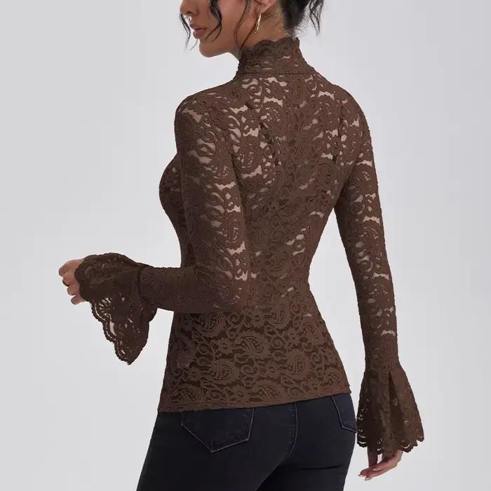 Anfilia femmes chemises en dentelle col roulé élégant Flare manches longues évider coupe ajustée Cro