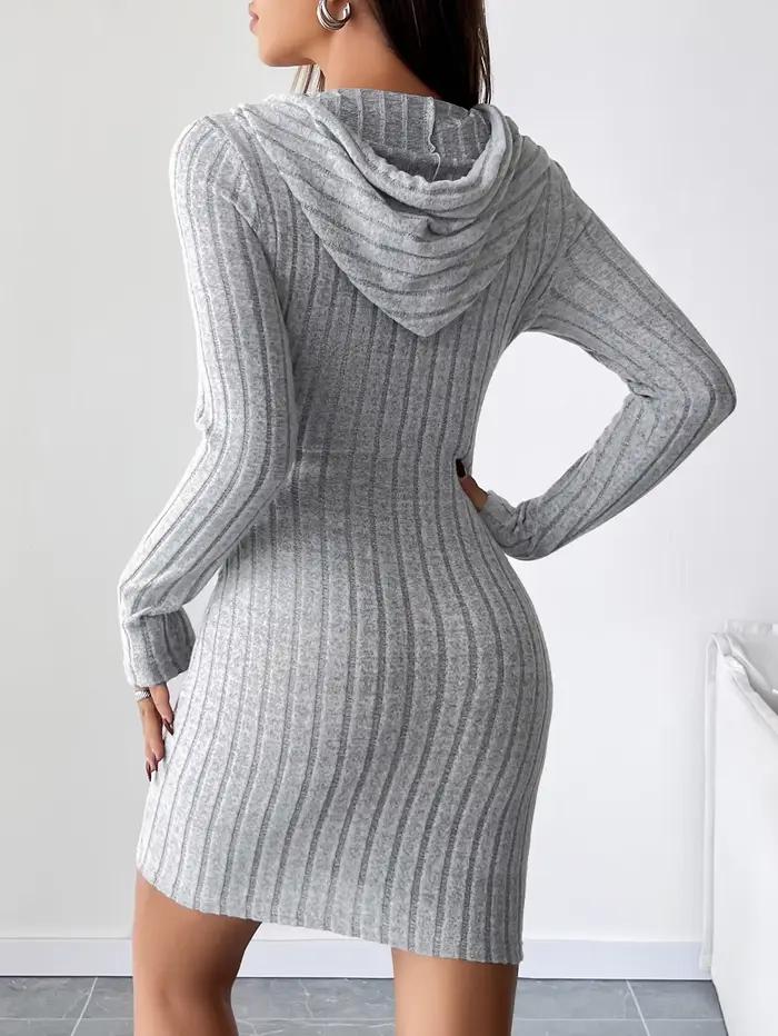 Robe ajustée à capuche tricotée côtelée à la mode avec cordon de serrage - Style décontracté confortable pour les femmes