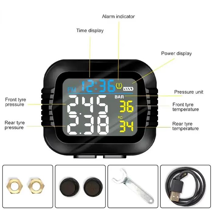 Système de surveillance TPMS de la pression des pneus de Moto, alarme de température avec 2 capteurs