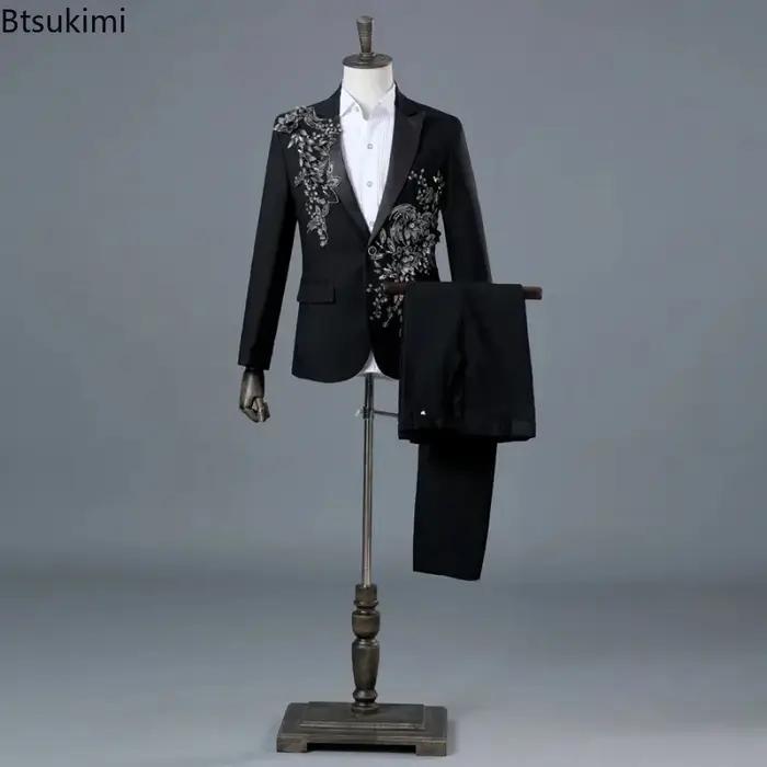 Ensembles de costumes élégants pour hommes avec des appliques de perles de luxe hôte scène chanteur