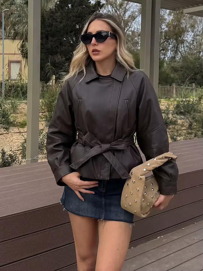 HH Spring Manteau court vintage pour femme en similicuir PU avec ceinture, à manches longues et col