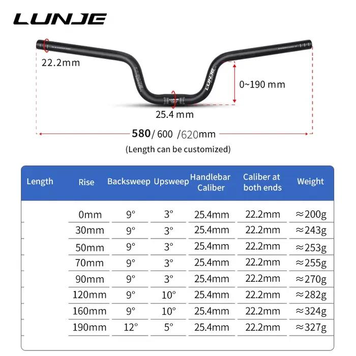 Guidon VTT Hirondelle en alliage d'aluminium pour randonnées et courses en montagne 25.4mm hauteur réglable 0-190mm largeur 580/600/620mm