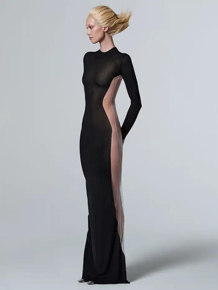 Robe transparente noire pour femme, pull long tambour, vêtements slim, streetwear sexy, patchwork en