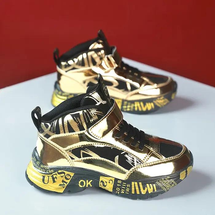 Nouveaux enfants espadrilles décontractées mode doré enfants chaussures basket-ball en cuir baskets