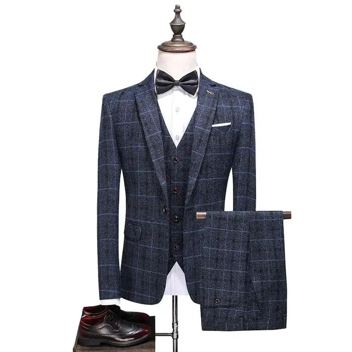 Blazer et pantalon en lin à carreaux pour hommes, mode masculine, affaires, gentleman, mariage, déco