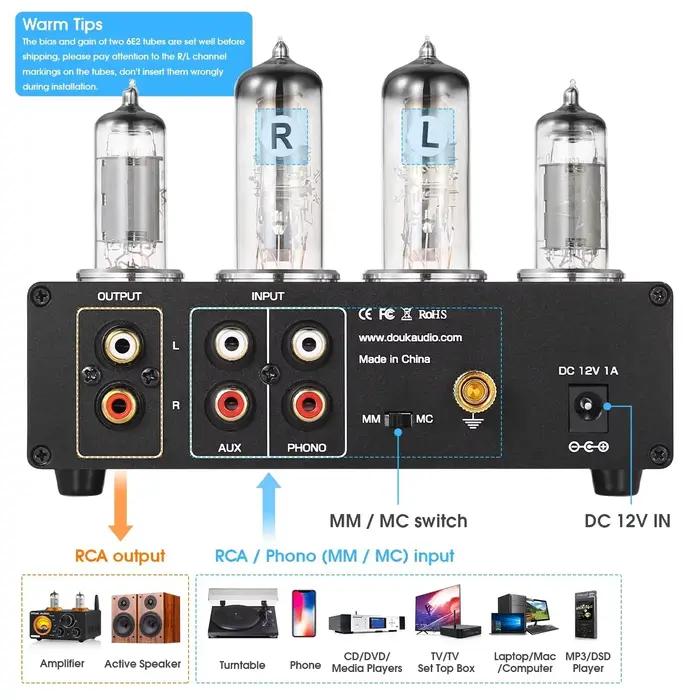 Douk Audio T9 HiFi Magic Eye 6E2 Tube à vide préampli stéréo MM/MC Phono scène pour platines domesti