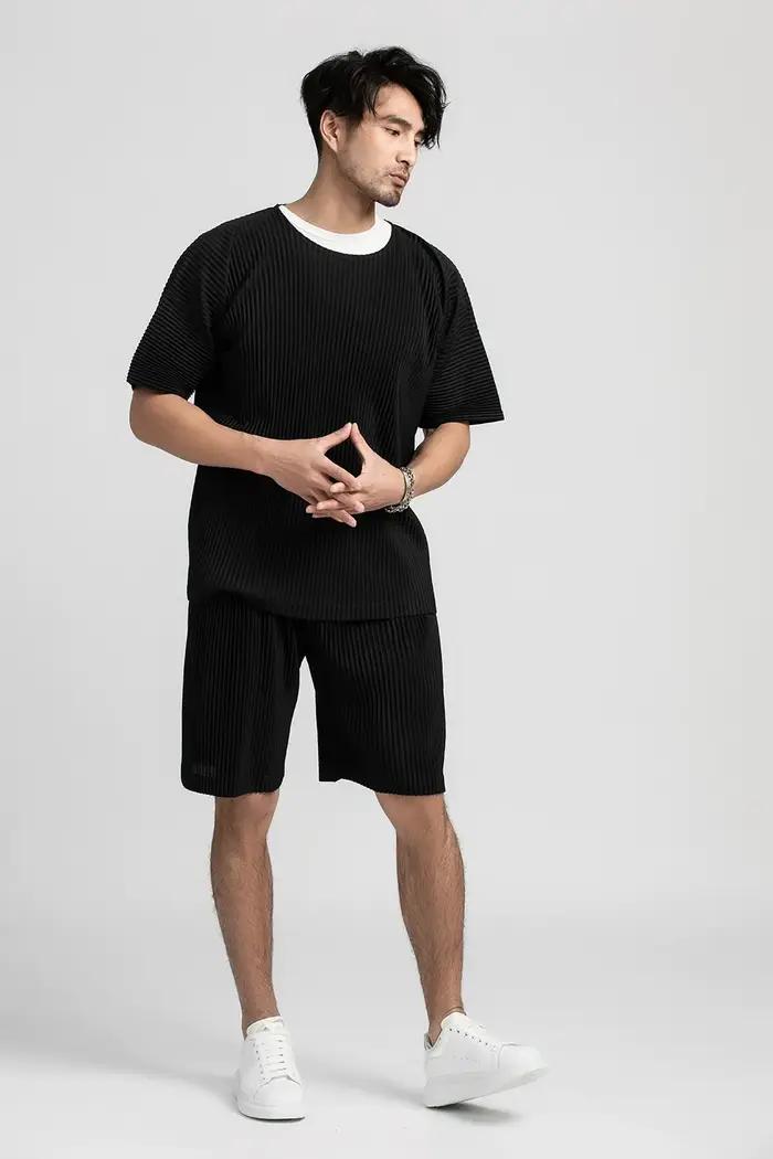 T-shirt à manches courtes et col rond pour homme, haut de sport, fin, respirant, solide, plissé, été