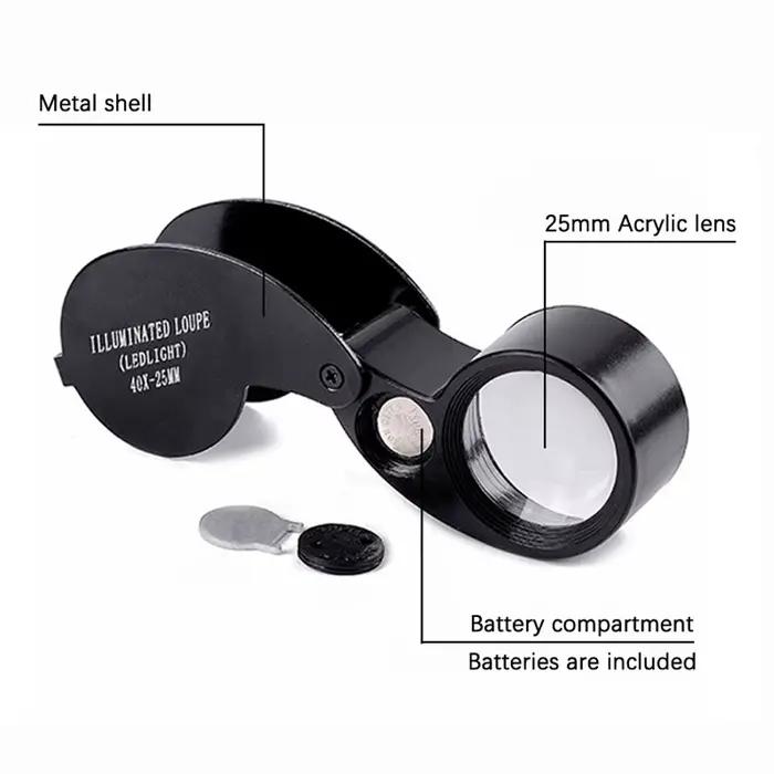 Loupe de bijoutier pliante de poche 40X, Loupe avec lumière pour montre, pièces de monnaie, timbres,