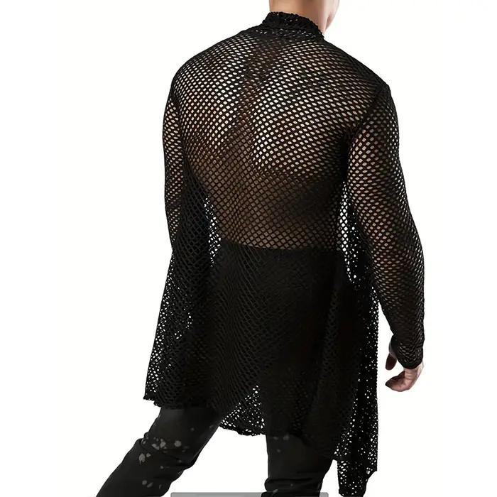 Hommes Sexy évider Long Cardigan grille chemises Streetwear mode Perspective à manches longues coule