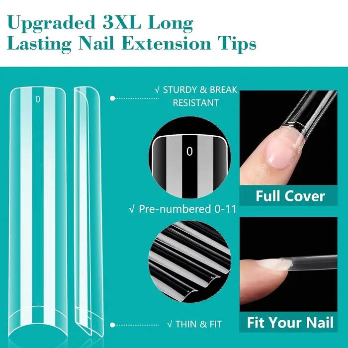 240PC professionnel 3XL Extra Long clair carré ongles conseils 12 tailles demi-couverture ongles acr