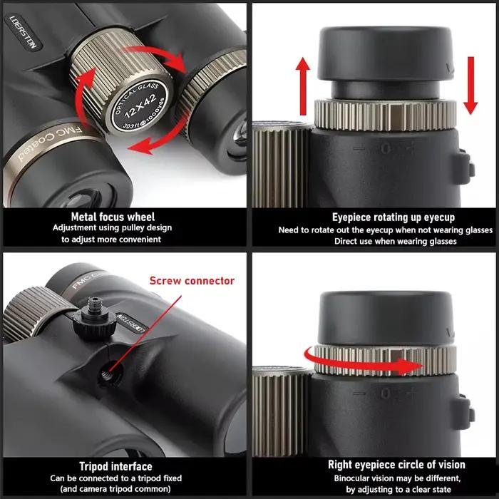 Jumelles professionnelles HD 12x42, télescope puissant à longue portée, prisme BAK4 multicouche pour