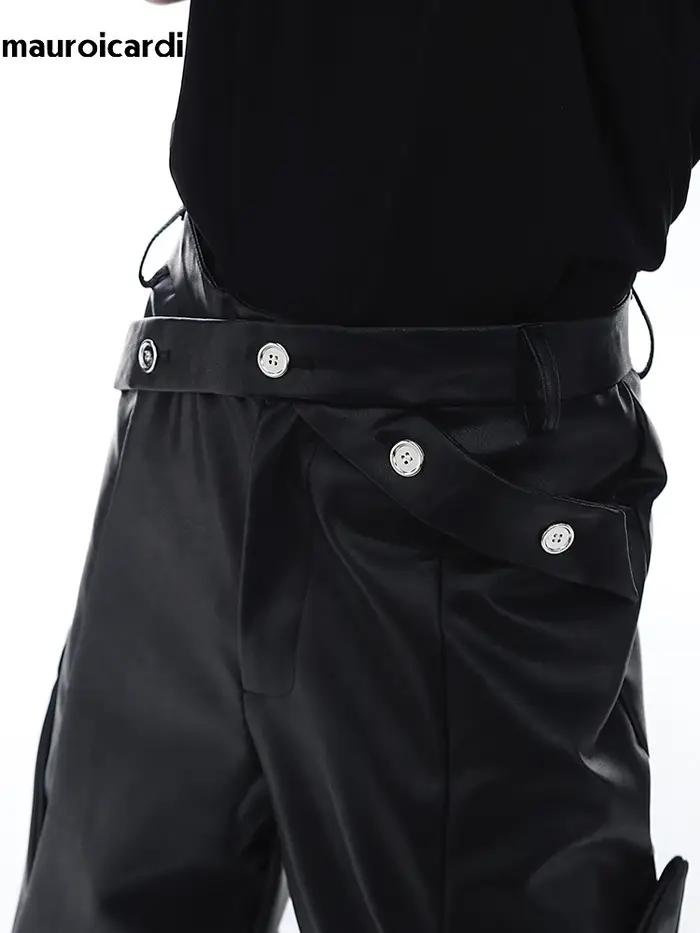 Mauroicardi printemps automne longue ample décontracté marron noir Pu cuir pantalon hommes de luxe v