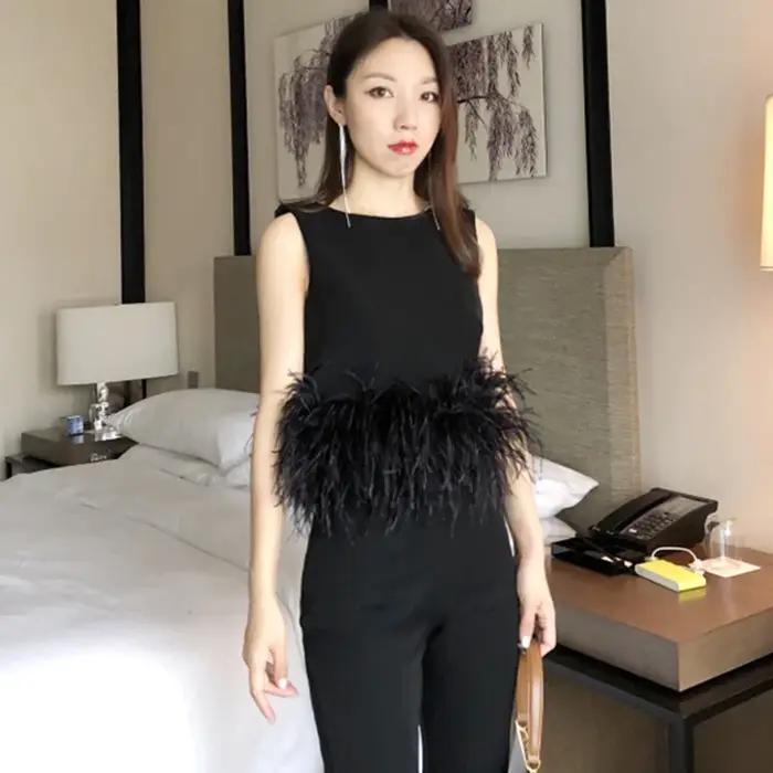 TWOTWINSTYLE noir Patchwork plumes mode coréenne petit haut femmes col rond sans manches mince hauts