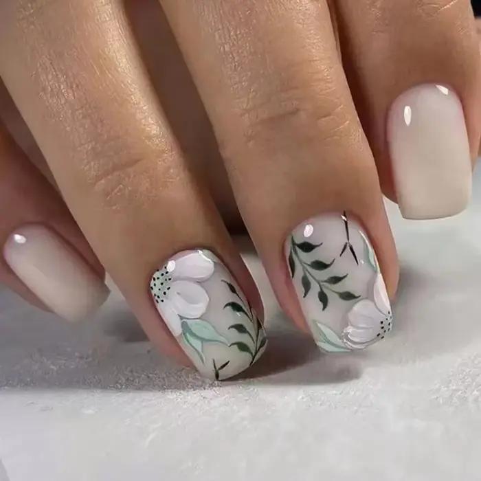 Faux ongles carrés courts et verts, 24 pièces, avec colle, flore, brillant, Simple, couverture compl