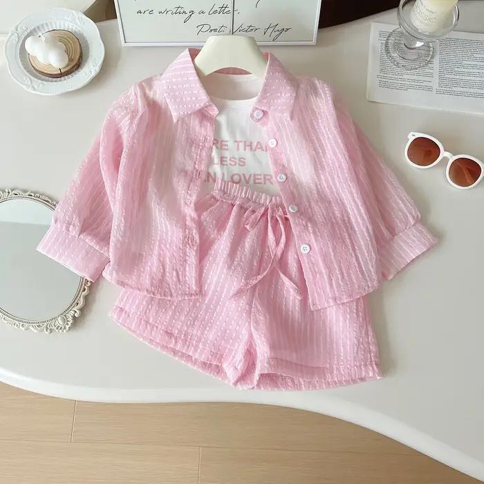 Ensemble de protection solaire pour filles, chemise à manches longues à rayures + gilet + short, cos