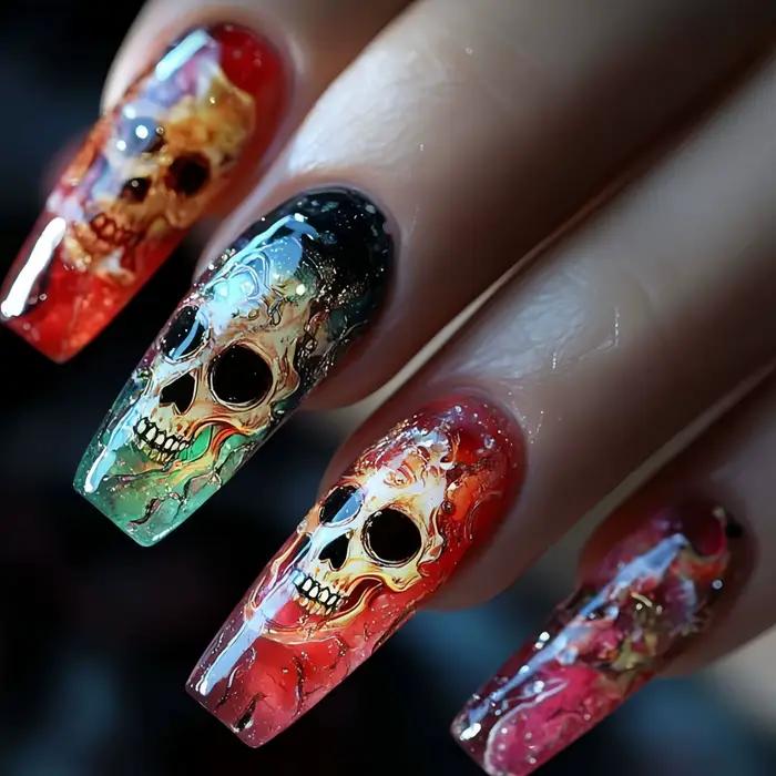 24 faux ongles longs rouge foncé avec colle, motif crâne et fleurs d'horreur, style français à press
