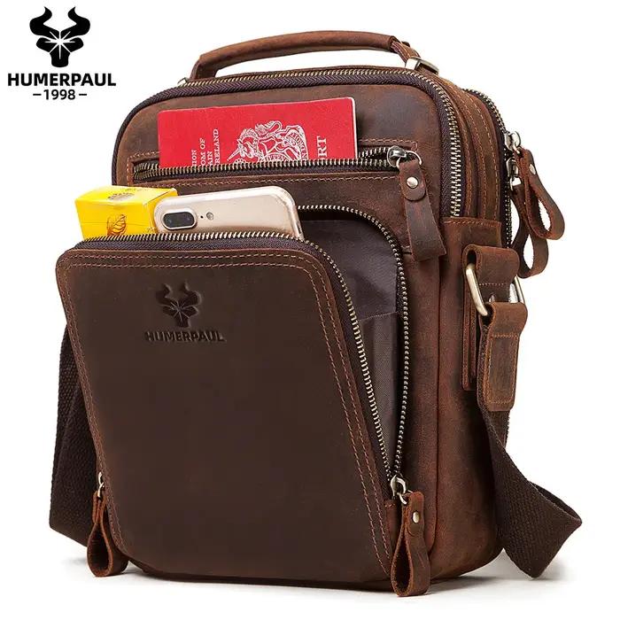 HUMERPAUL sac à bandoulière en cuir véritable pour hommes sacs croisés Vintage grande capacité mâle